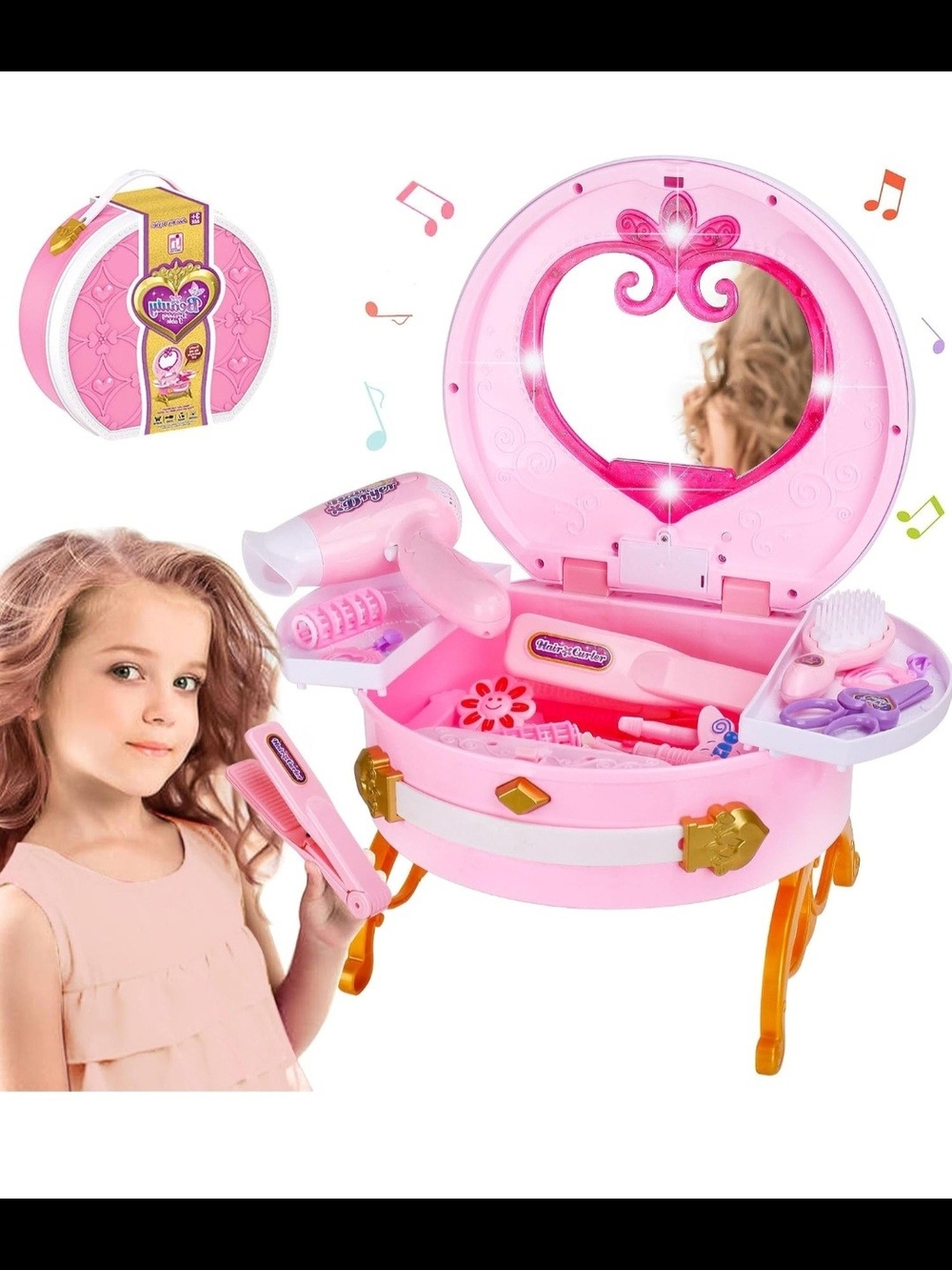 Kids Pink Vanity Playset with Light-Up Heart Mirror and Hair Accessories